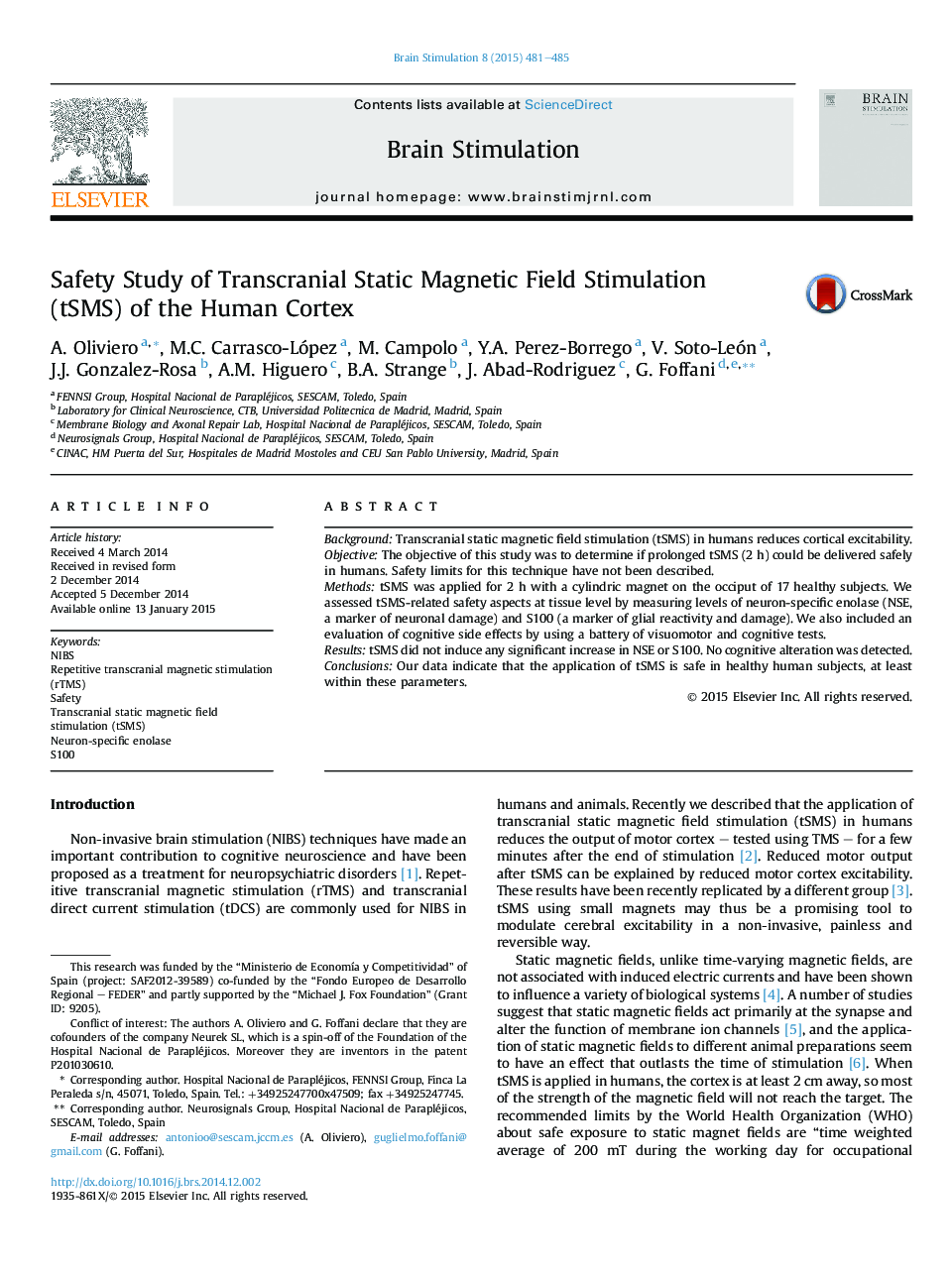 Safety Study of Transcranial Static Magnetic Field Stimulation (tSMS) of the Human Cortex