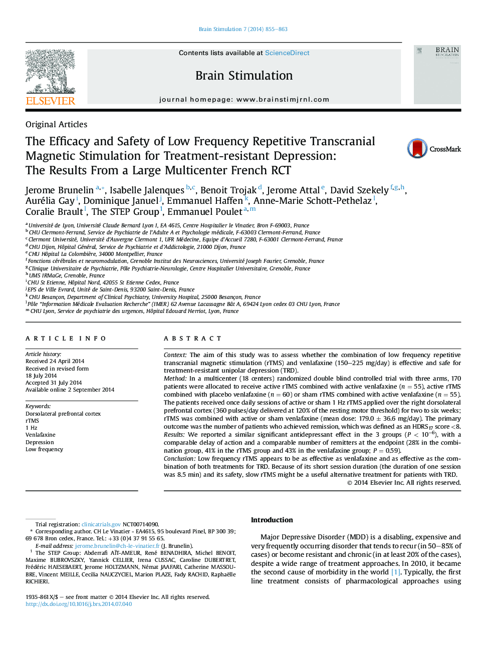 The Efficacy and Safety of Low Frequency Repetitive Transcranial Magnetic Stimulation for Treatment-resistant Depression: TheÂ Results From a Large Multicenter French RCT