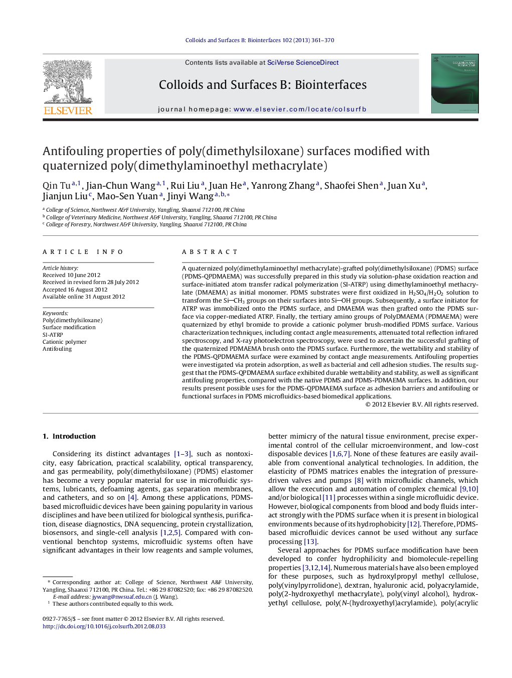 Antifouling properties of poly(dimethylsiloxane) surfaces modified with quaternized poly(dimethylaminoethyl methacrylate)