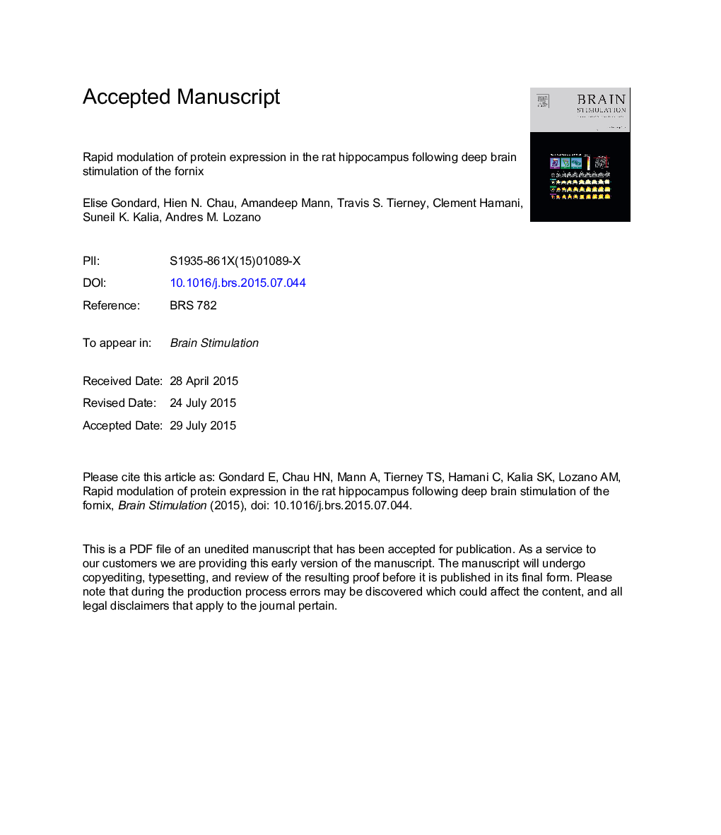 Rapid Modulation of Protein Expression in the Rat Hippocampus Following Deep Brain Stimulation of the Fornix