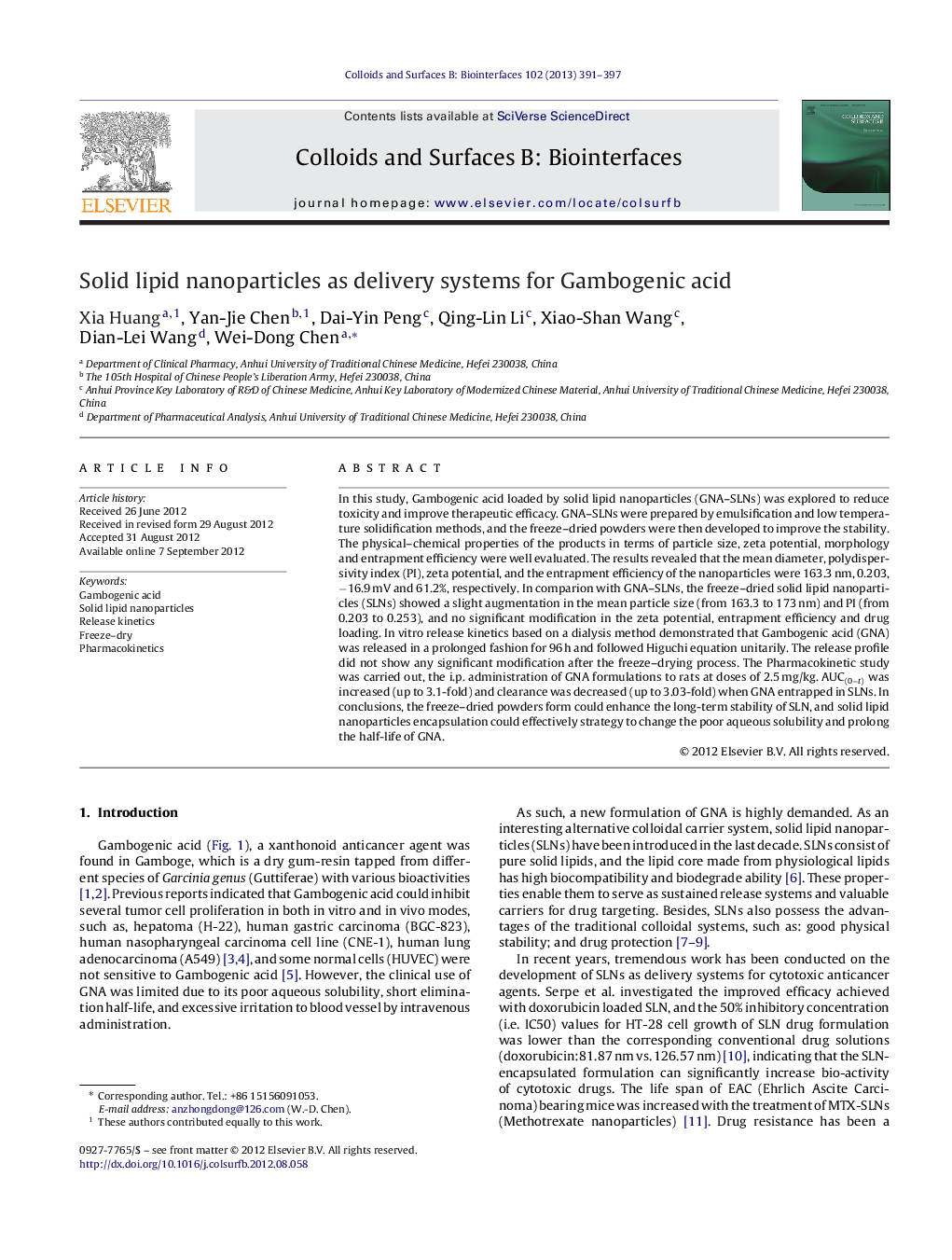 Solid lipid nanoparticles as delivery systems for Gambogenic acid