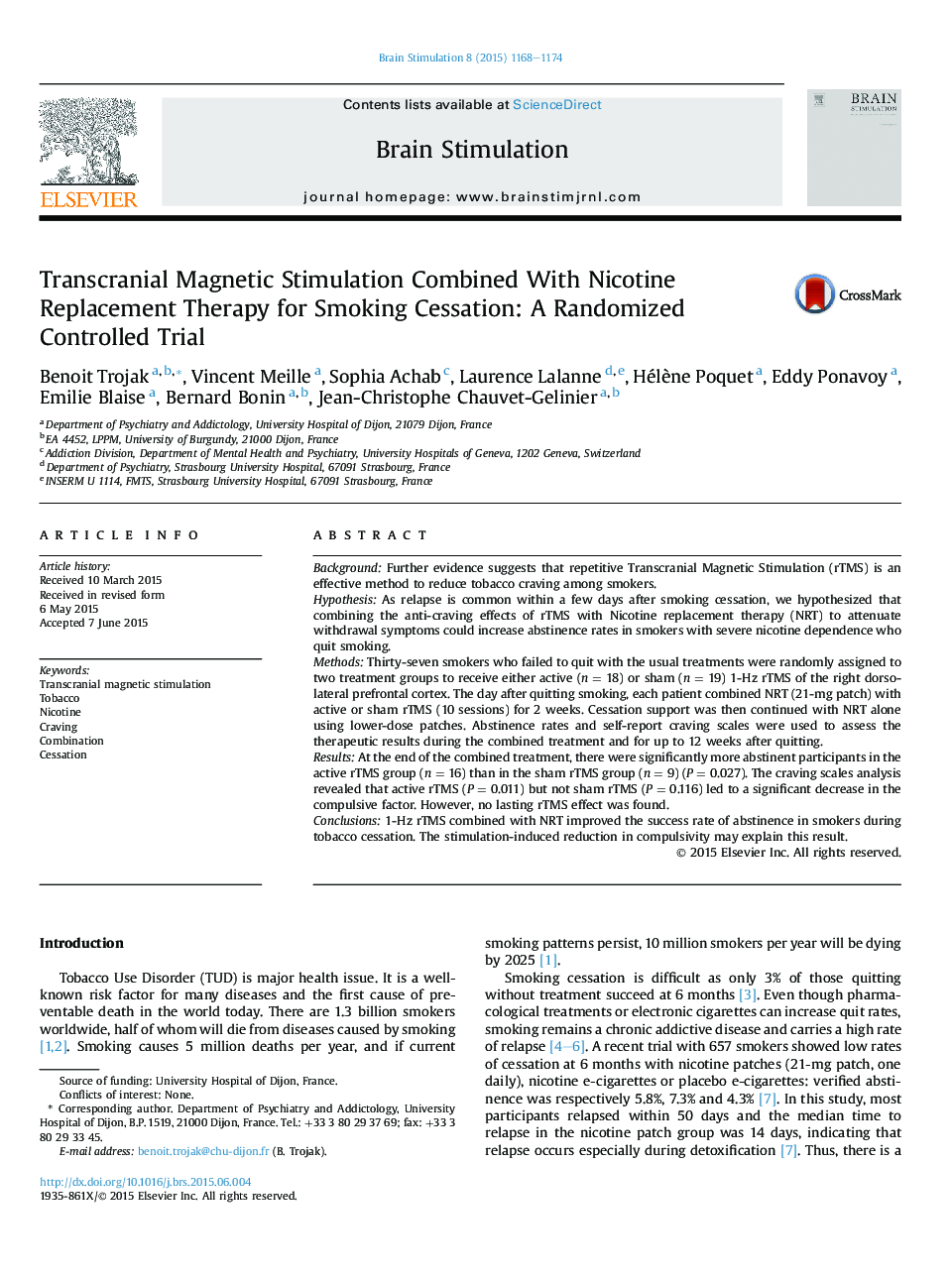 Transcranial Magnetic Stimulation Combined With Nicotine Replacement Therapy for Smoking Cessation: A Randomized Controlled Trial
