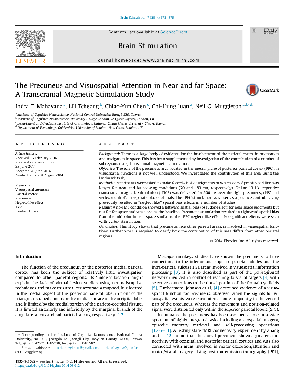 The Precuneus and Visuospatial Attention in Near and far Space: A Transcranial Magnetic Stimulation Study