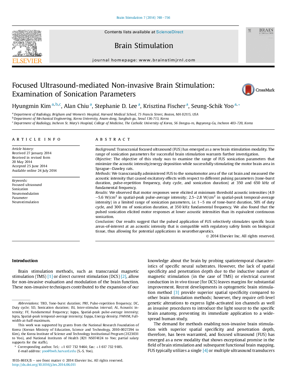 OtherOriginal ArticleFocused Ultrasound-mediated Non-invasive Brain Stimulation: Examination of Sonication Parameters