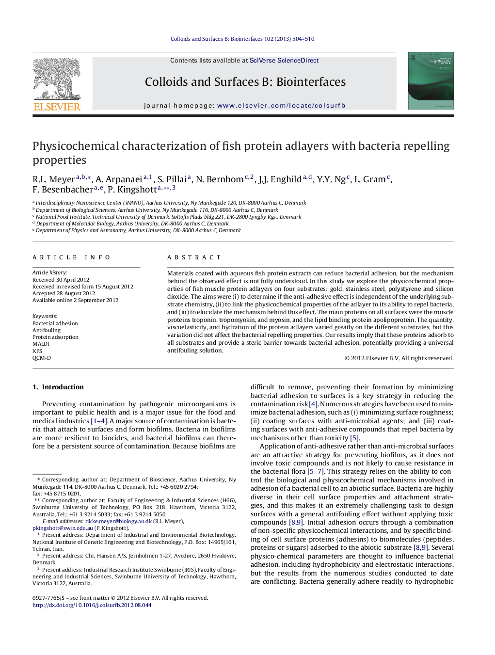 Physicochemical characterization of fish protein adlayers with bacteria repelling properties