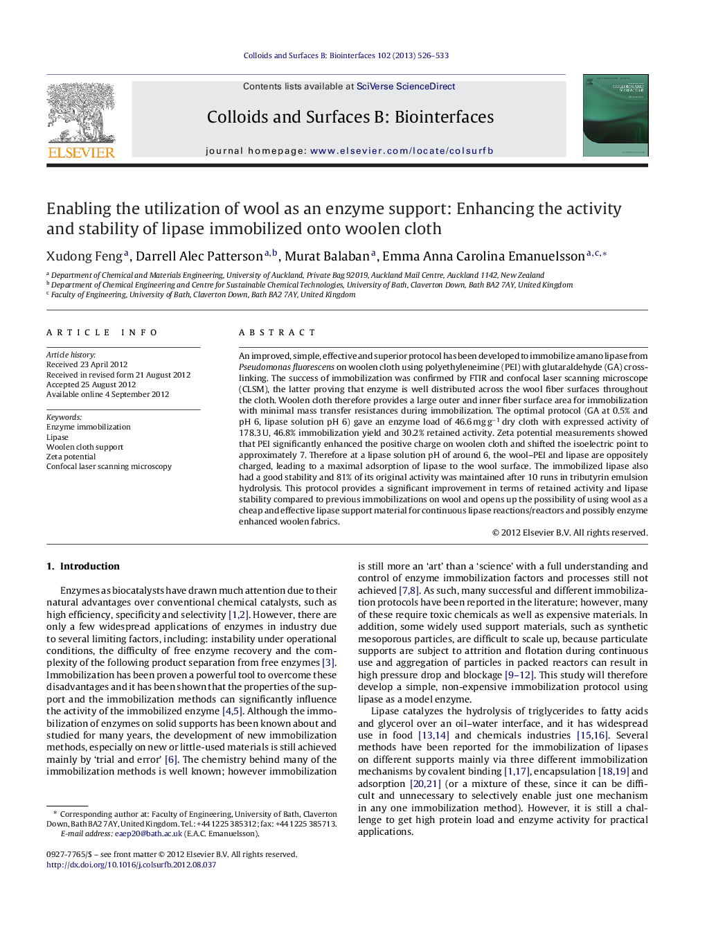 Enabling the utilization of wool as an enzyme support: Enhancing the activity and stability of lipase immobilized onto woolen cloth