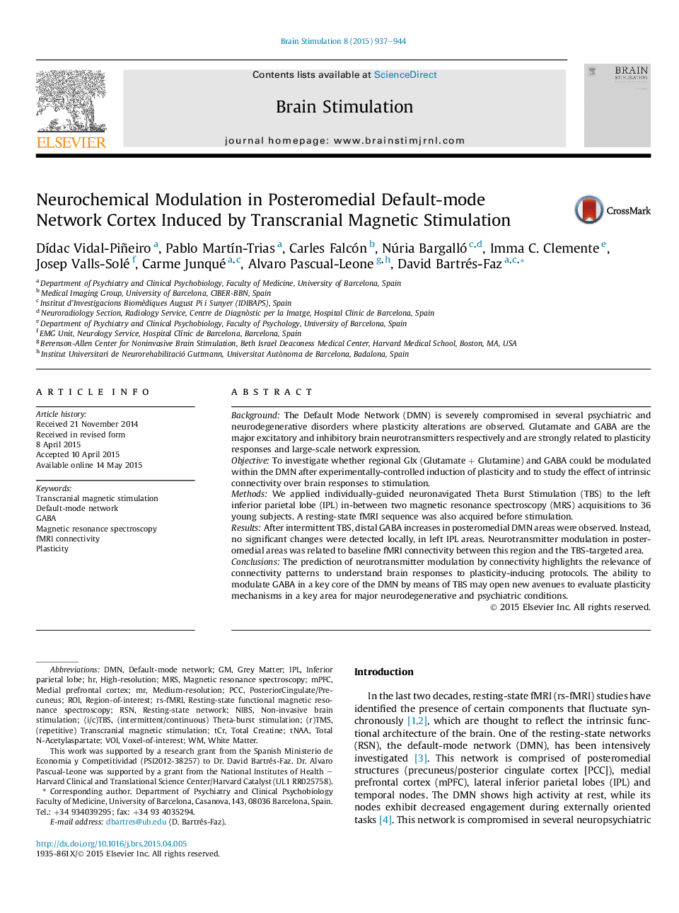 Transcranial Magnetic Stimulation (TMS)Original ArticleNeurochemical Modulation in Posteromedial Default-mode Network Cortex Induced by Transcranial Magnetic Stimulation