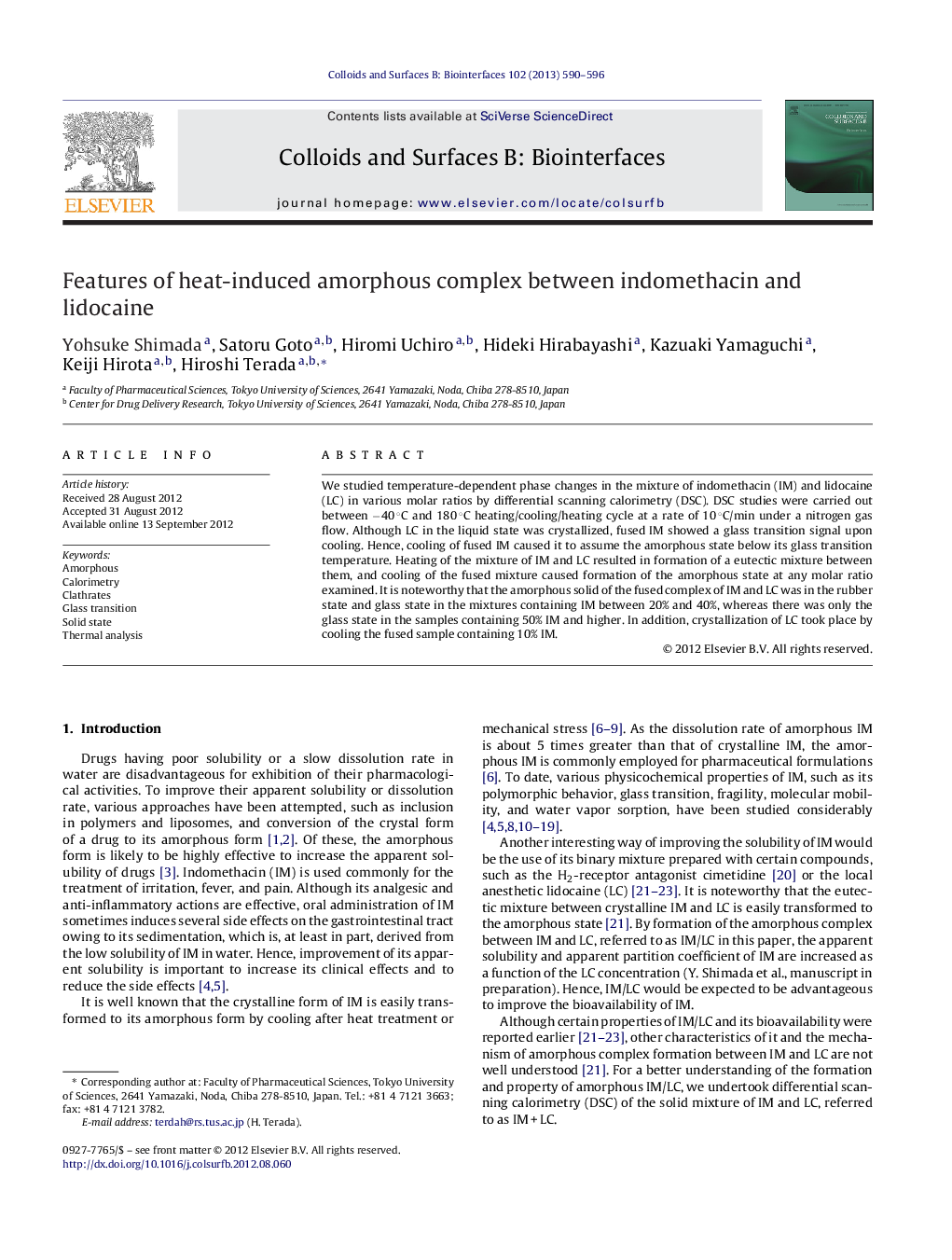 Features of heat-induced amorphous complex between indomethacin and lidocaine