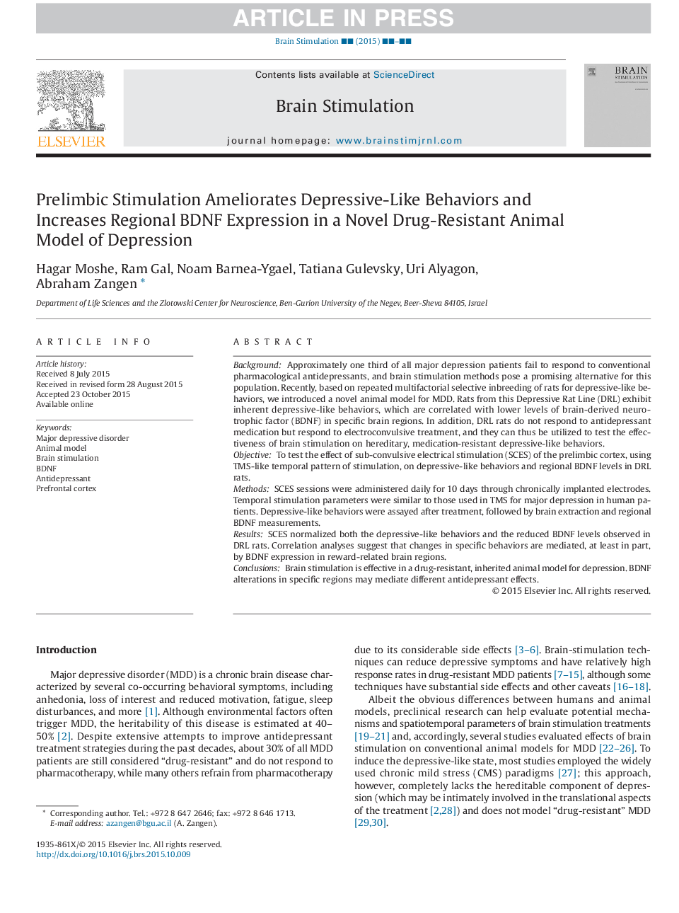 Prelimbic Stimulation Ameliorates Depressive-Like Behaviors and Increases Regional BDNF Expression in a Novel Drug-Resistant Animal Model of Depression