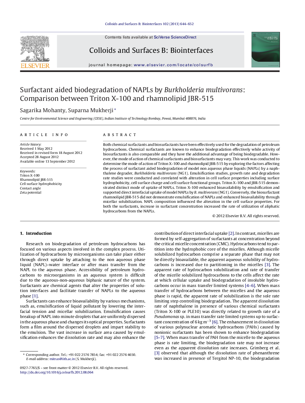 Surfactant aided biodegradation of NAPLs by Burkholderia multivorans: Comparison between Triton X-100 and rhamnolipid JBR-515