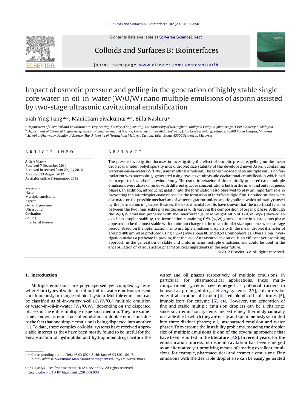 Impact of osmotic pressure and gelling in the generation of highly stable single core water-in-oil-in-water (W/O/W) nano multiple emulsions of aspirin assisted by two-stage ultrasonic cavitational emulsification