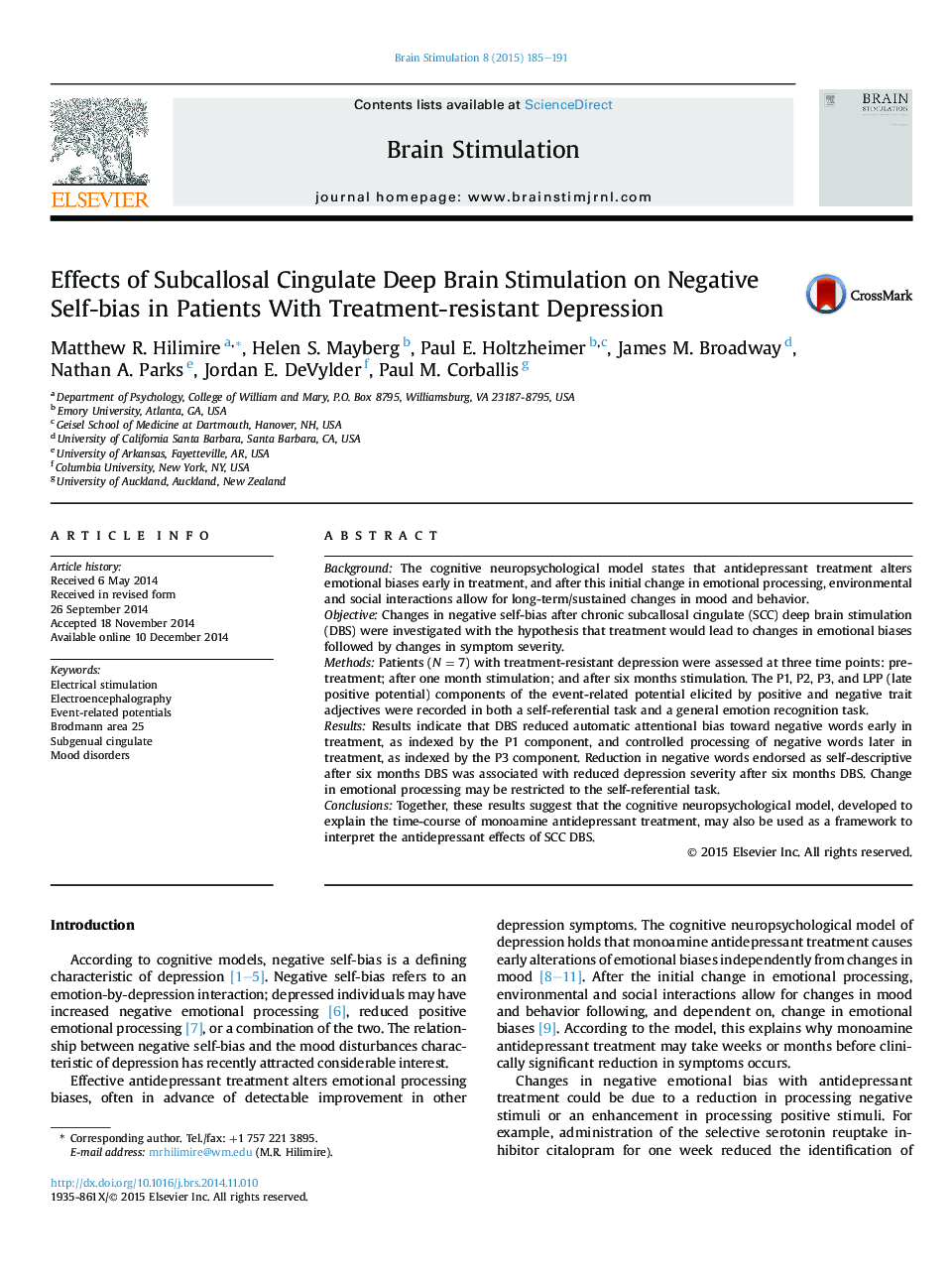 Effects of Subcallosal Cingulate Deep Brain Stimulation on Negative Self-bias in Patients With Treatment-resistant Depression