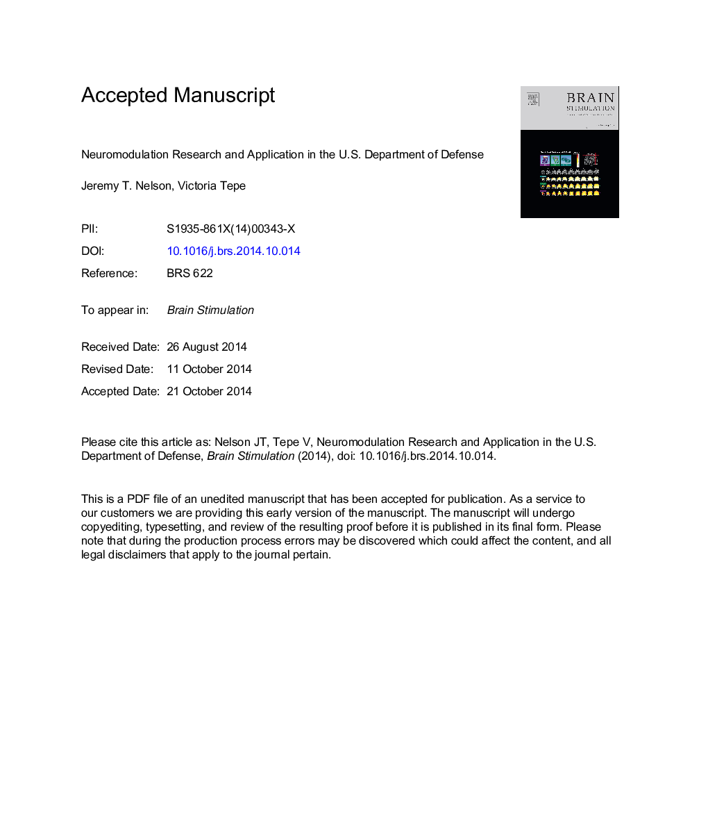 Neuromodulation Research and Application in the U.S. Department of Defense