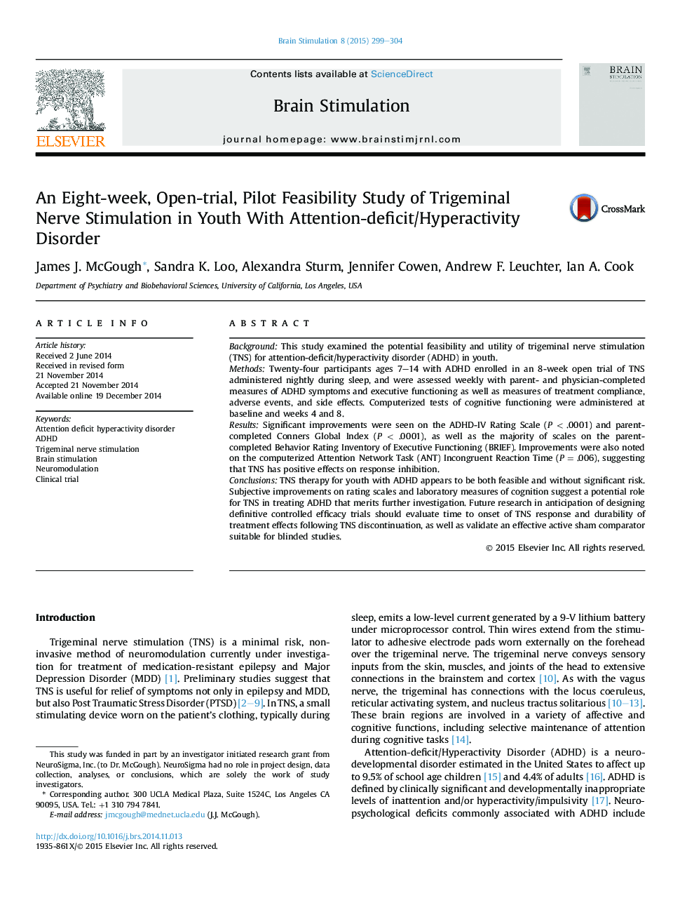 An Eight-week, Open-trial, Pilot Feasibility Study of Trigeminal Nerve Stimulation in Youth With Attention-deficit/Hyperactivity Disorder