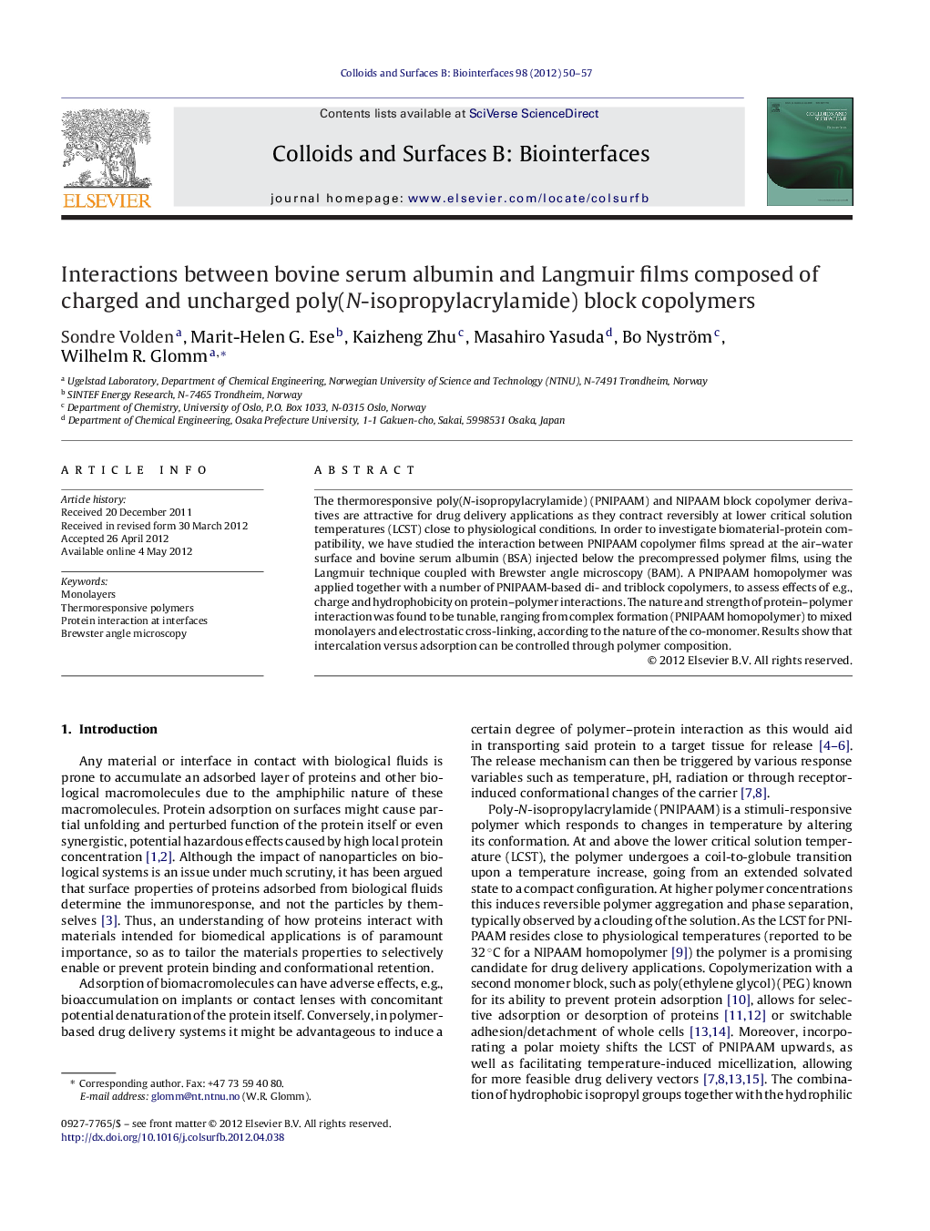 عکس صفحه اول مقاله: Interactions between bovine serum albumin and Langmuir films composed of charged and uncharged poly(N-isopropylacrylamide) block copolymers Interactions between bovine serum albumin and Langmuir films composed of charged and uncharged poly(N-isopropylacrylamide) block copolymers