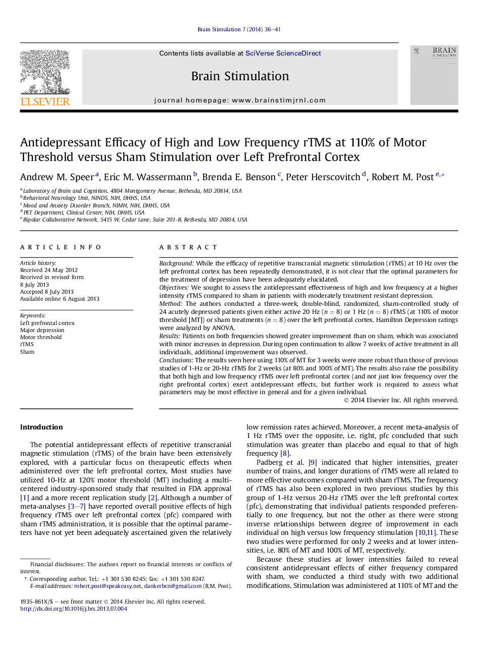 Antidepressant Efficacy of High and Low Frequency rTMS at 110% of Motor Threshold versus Sham Stimulation over Left Prefrontal Cortex