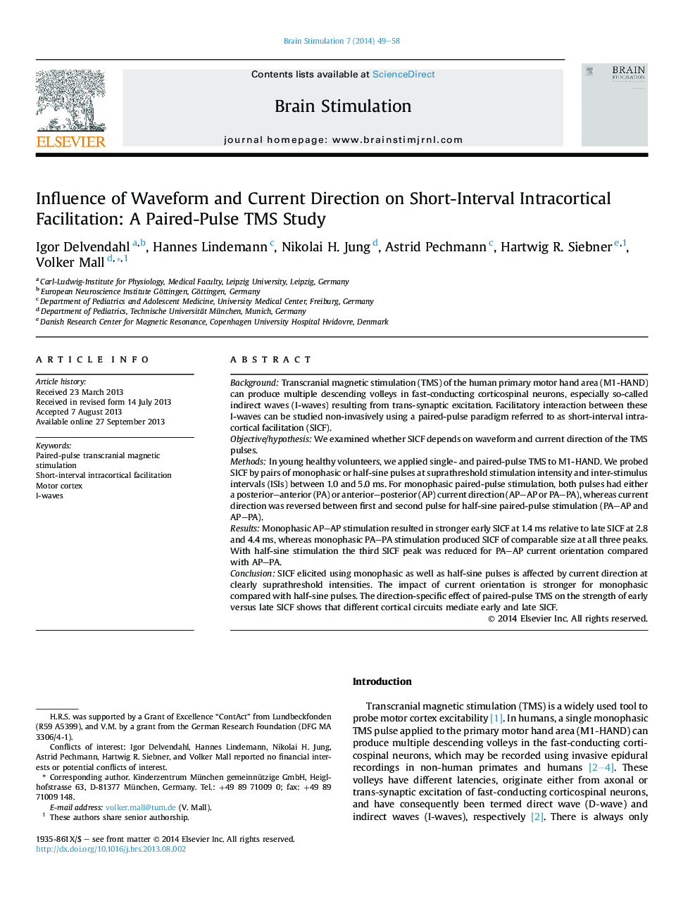 Influence of Waveform and Current Direction on Short-Interval Intracortical Facilitation: A Paired-Pulse TMS Study