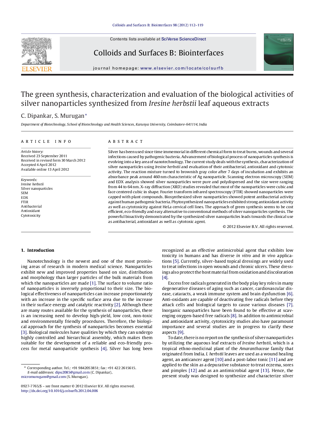 The green synthesis, characterization and evaluation of the biological activities of silver nanoparticles synthesized from Iresine herbstii leaf aqueous extracts