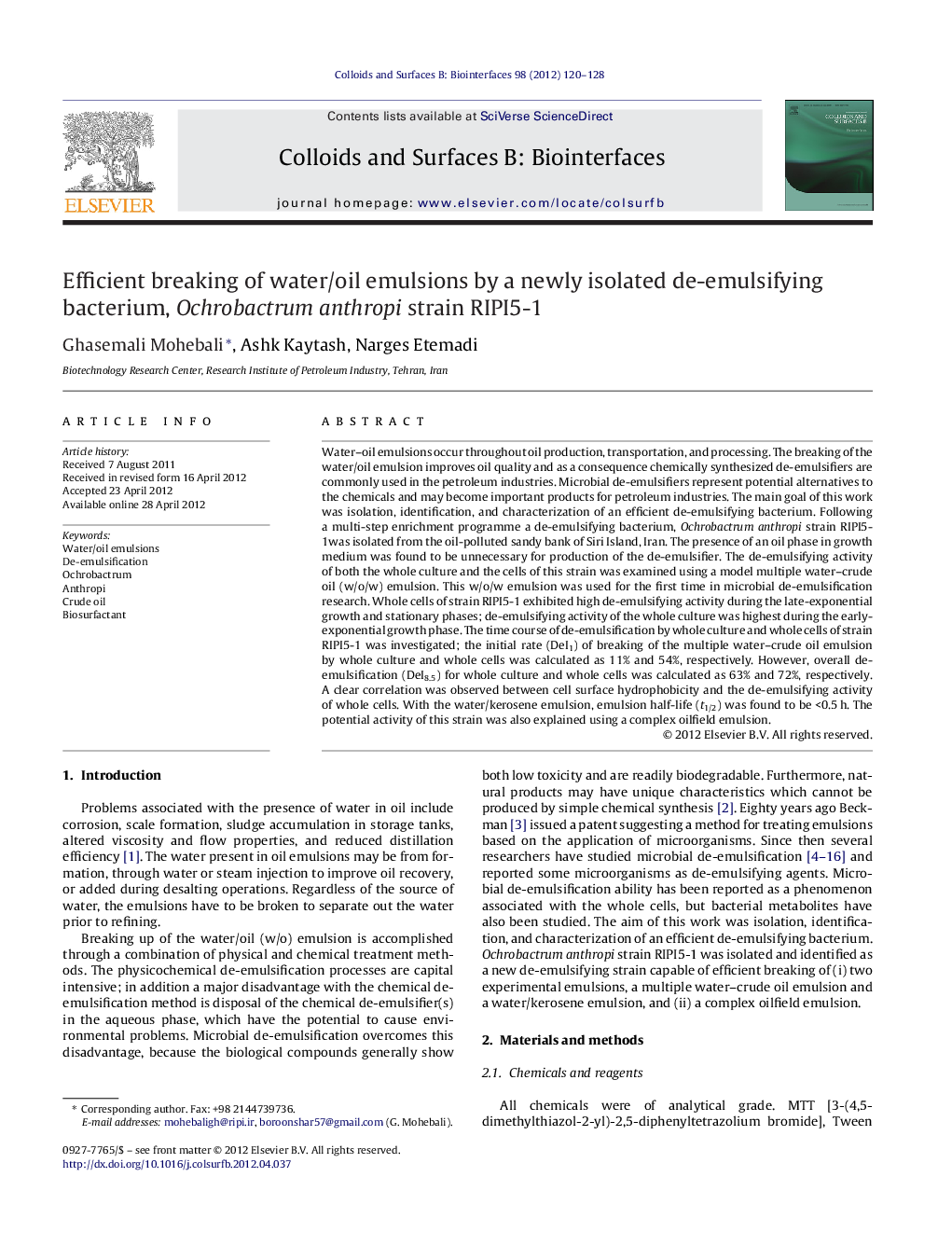 Efficient breaking of water/oil emulsions by a newly isolated de-emulsifying bacterium, Ochrobactrum anthropi strain RIPI5-1