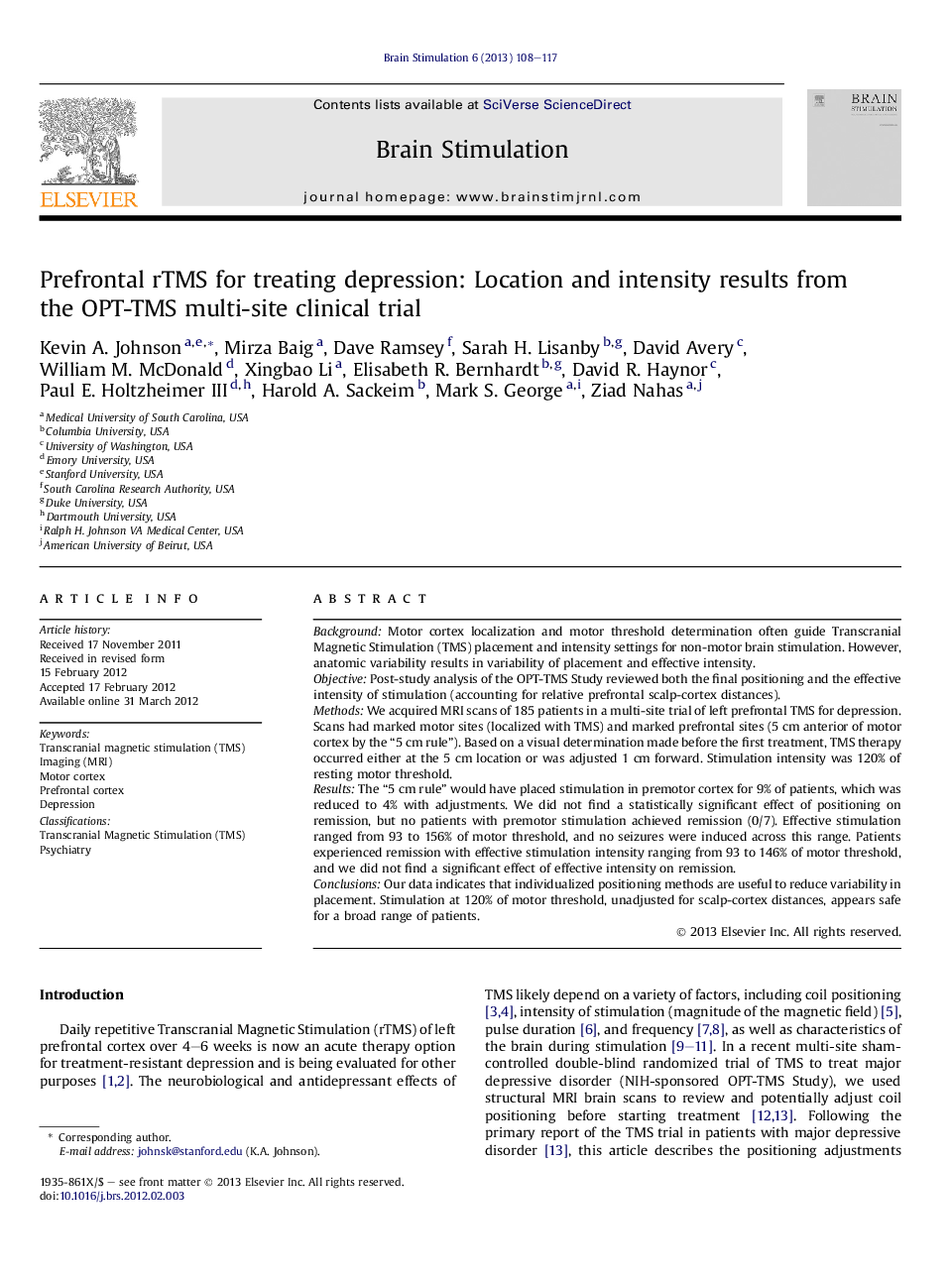 Prefrontal rTMS for treating depression: Location and intensity results from the OPT-TMS multi-site clinical trial