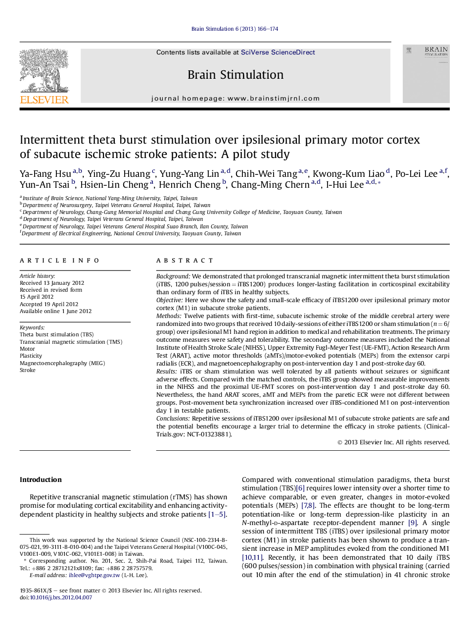 Intermittent theta burst stimulation over ipsilesional primary motor cortex of subacute ischemic stroke patients: A pilot study