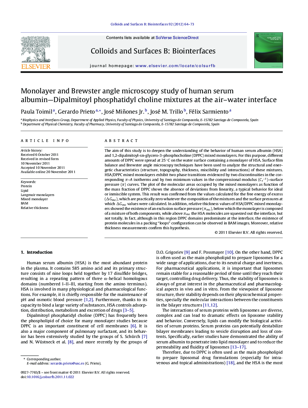 Monolayer and Brewster angle microscopy study of human serum albumin—Dipalmitoyl phosphatidyl choline mixtures at the air–water interface