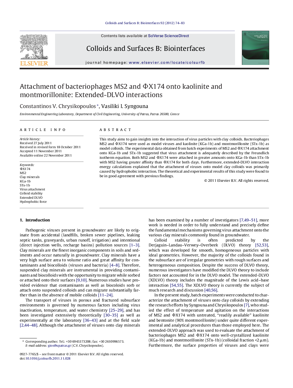 Attachment of bacteriophages MS2 and ΦX174 onto kaolinite and montmorillonite: Extended-DLVO interactions