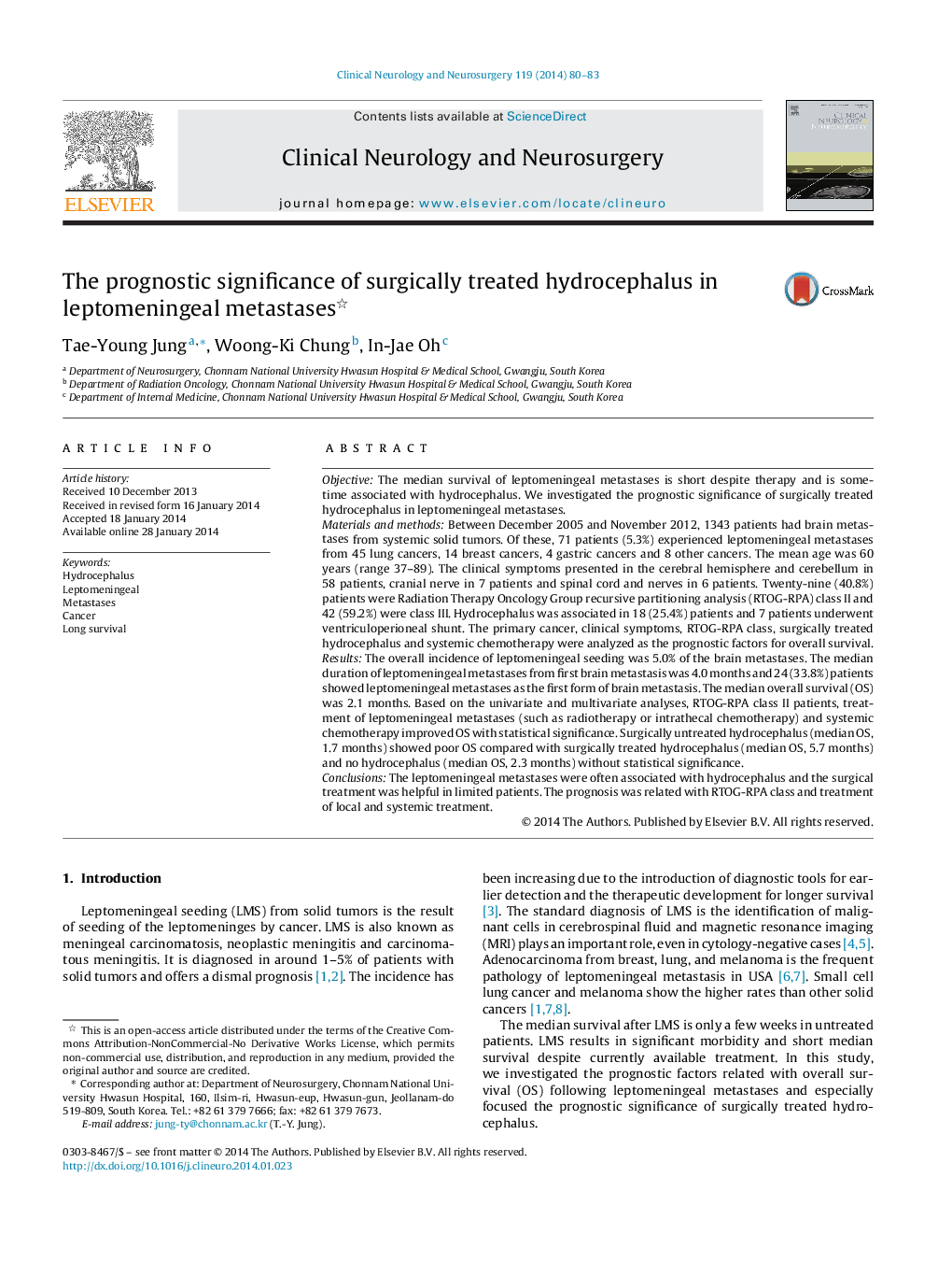 The prognostic significance of surgically treated hydrocephalus in leptomeningeal metastases