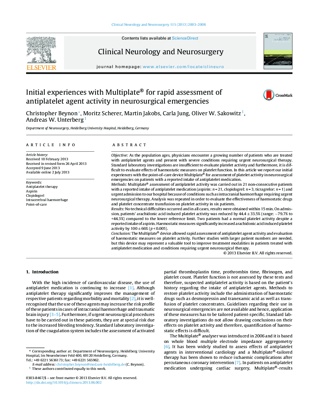 Initial experiences with Multiplate® for rapid assessment of antiplatelet agent activity in neurosurgical emergencies