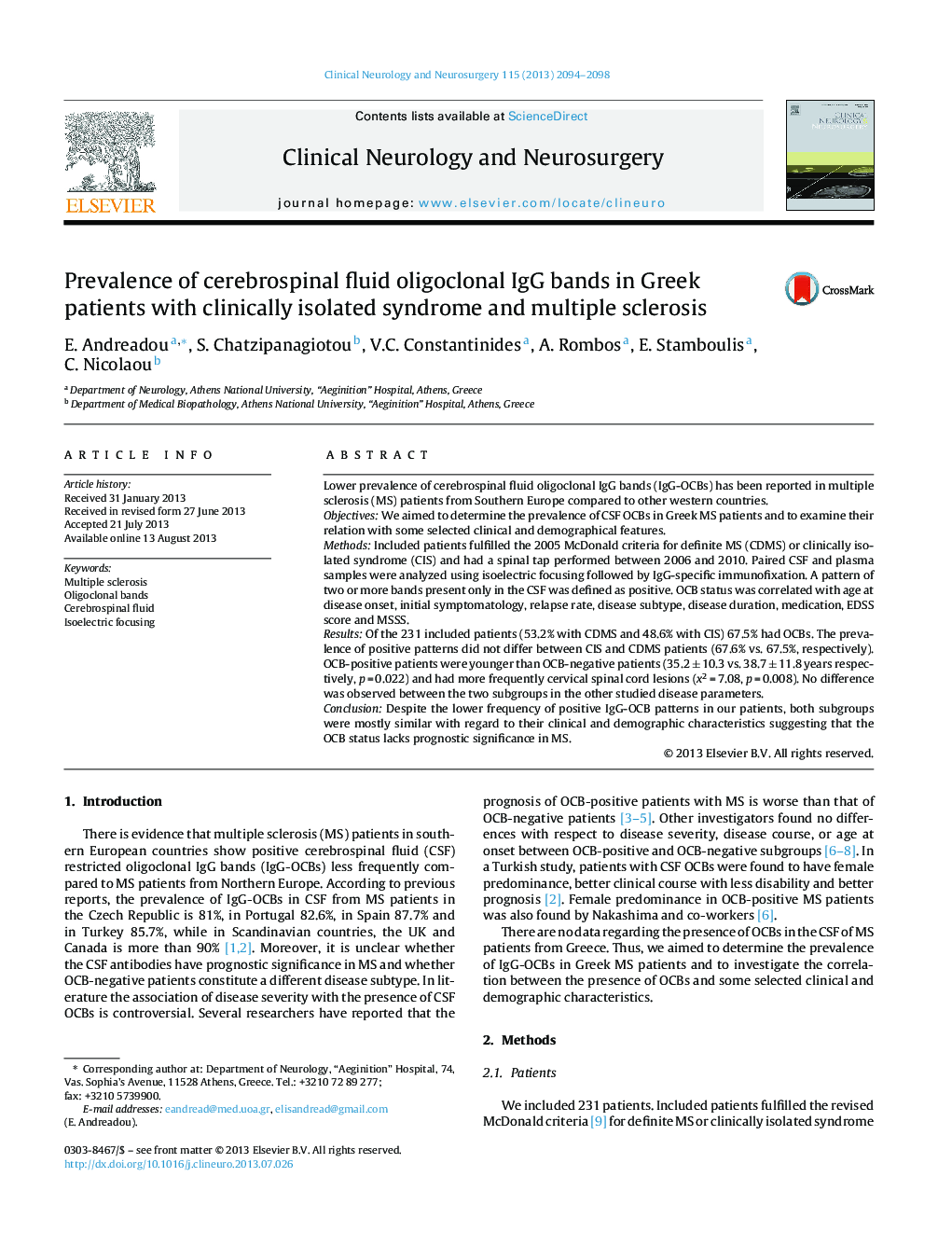 Prevalence of cerebrospinal fluid oligoclonal IgG bands in Greek patients with clinically isolated syndrome and multiple sclerosis