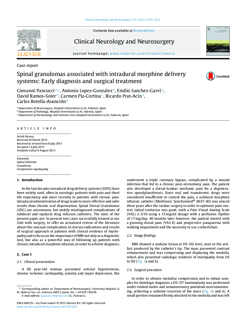 Spinal granulomas associated with intradural morphine delivery systems: Early diagnosis and surgical treatment