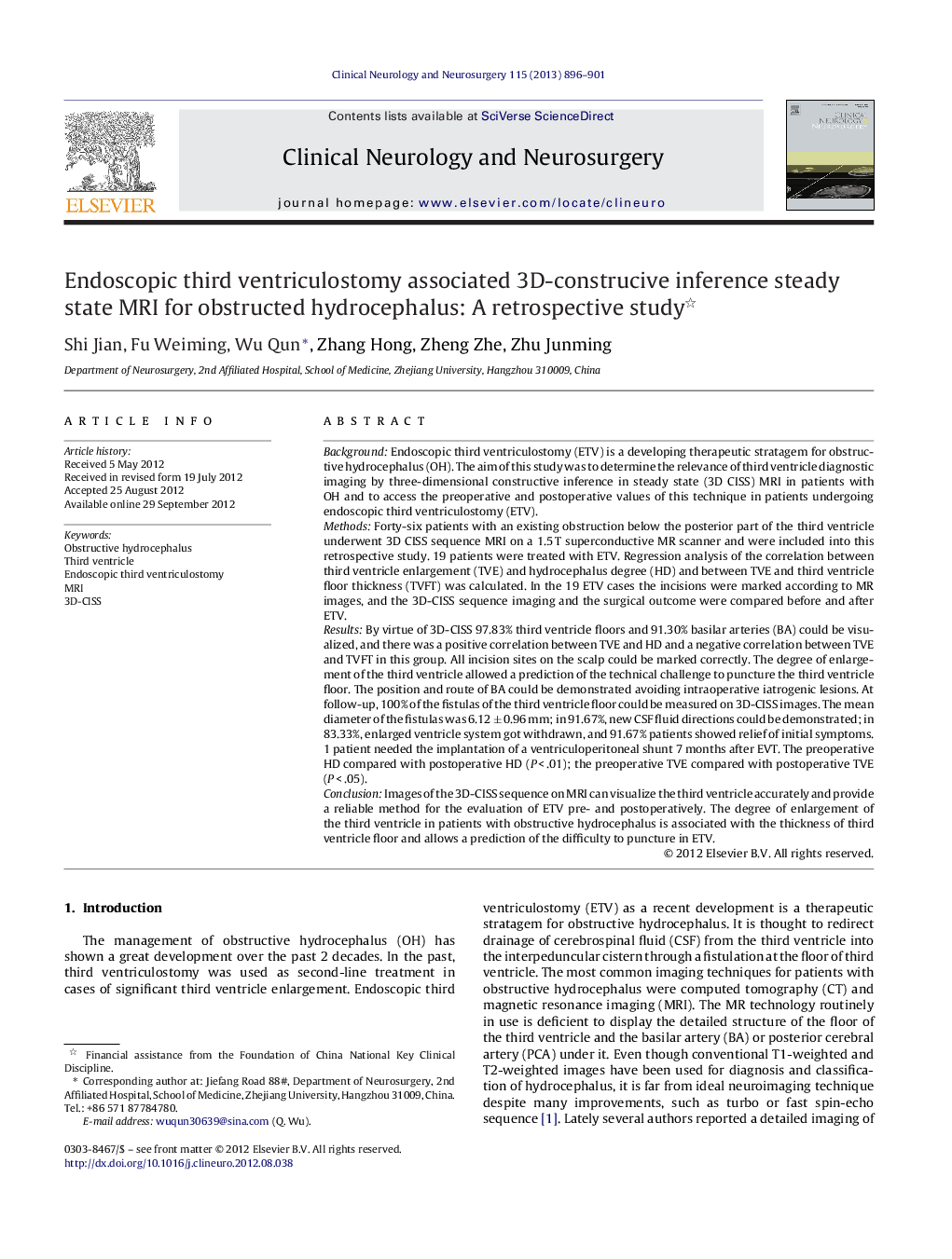 Endoscopic third ventriculostomy associated 3D-construcive inference steady state MRI for obstructed hydrocephalus: A retrospective study