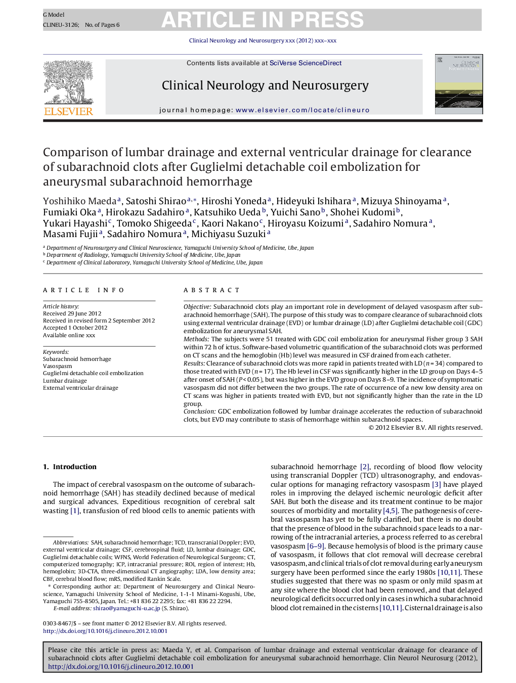 Comparison of lumbar drainage and external ventricular drainage for clearance of subarachnoid clots after Guglielmi detachable coil embolization for aneurysmal subarachnoid hemorrhage