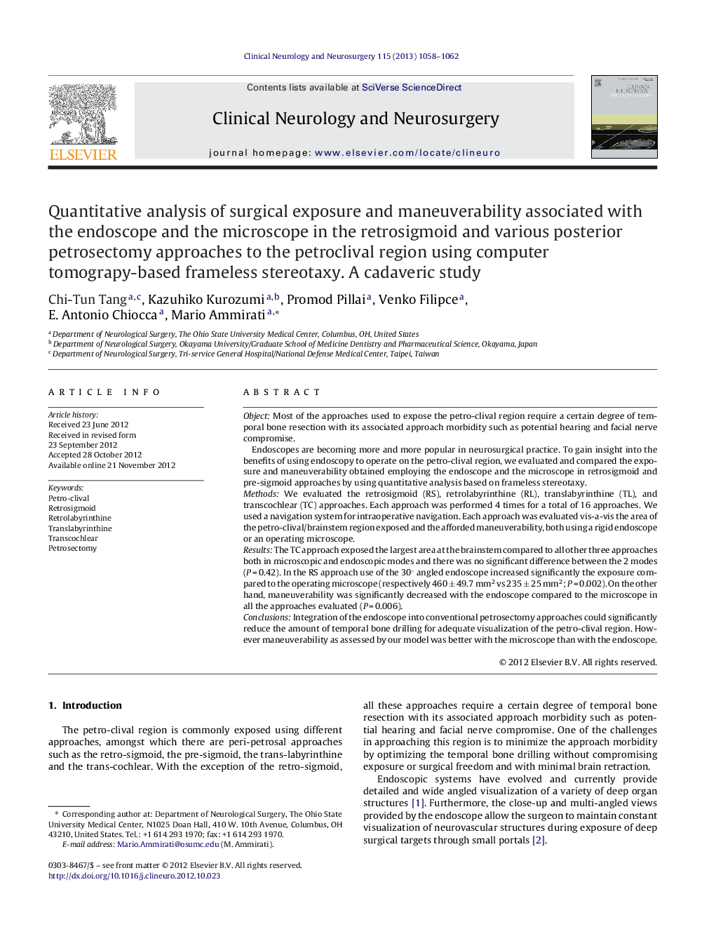 Quantitative analysis of surgical exposure and maneuverability associated with the endoscope and the microscope in the retrosigmoid and various posterior petrosectomy approaches to the petroclival region using computer tomograpy-based frameless stereotaxy