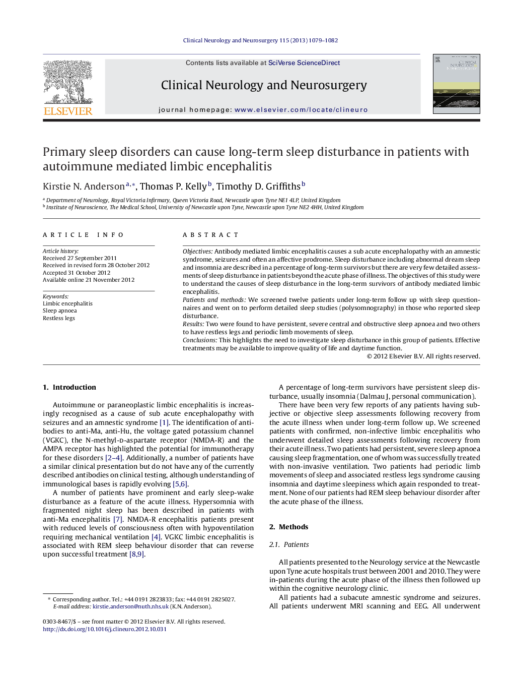 Primary sleep disorders can cause long-term sleep disturbance in patients with autoimmune mediated limbic encephalitis