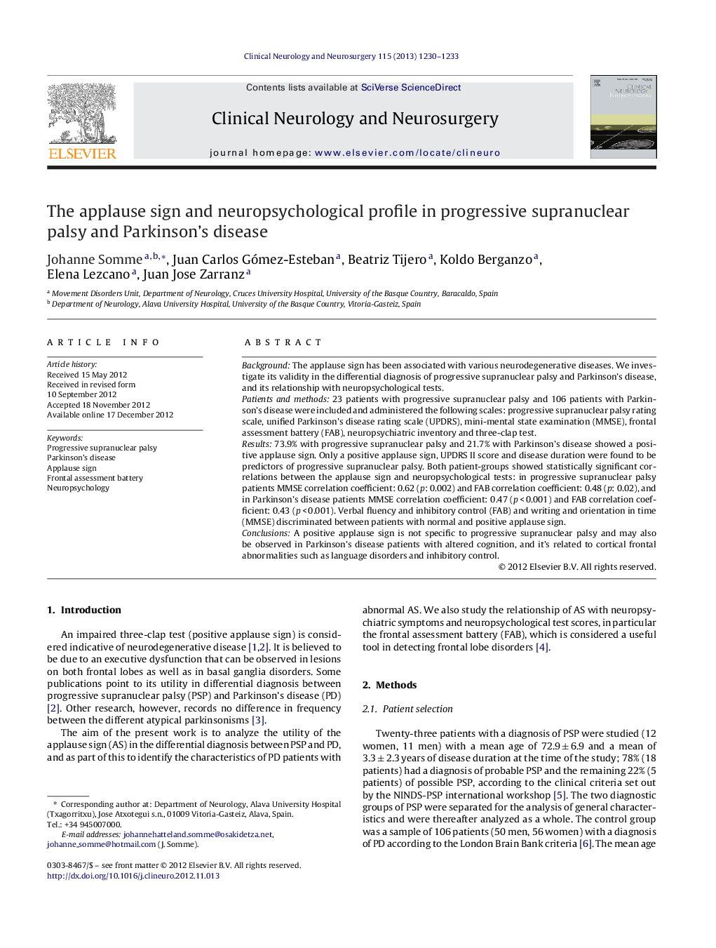 The applause sign and neuropsychological profile in progressive supranuclear palsy and Parkinson's disease