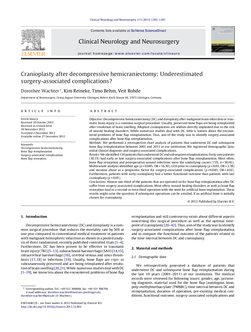 Cranioplasty after decompressive hemicraniectomy: Underestimated surgery-associated complications?