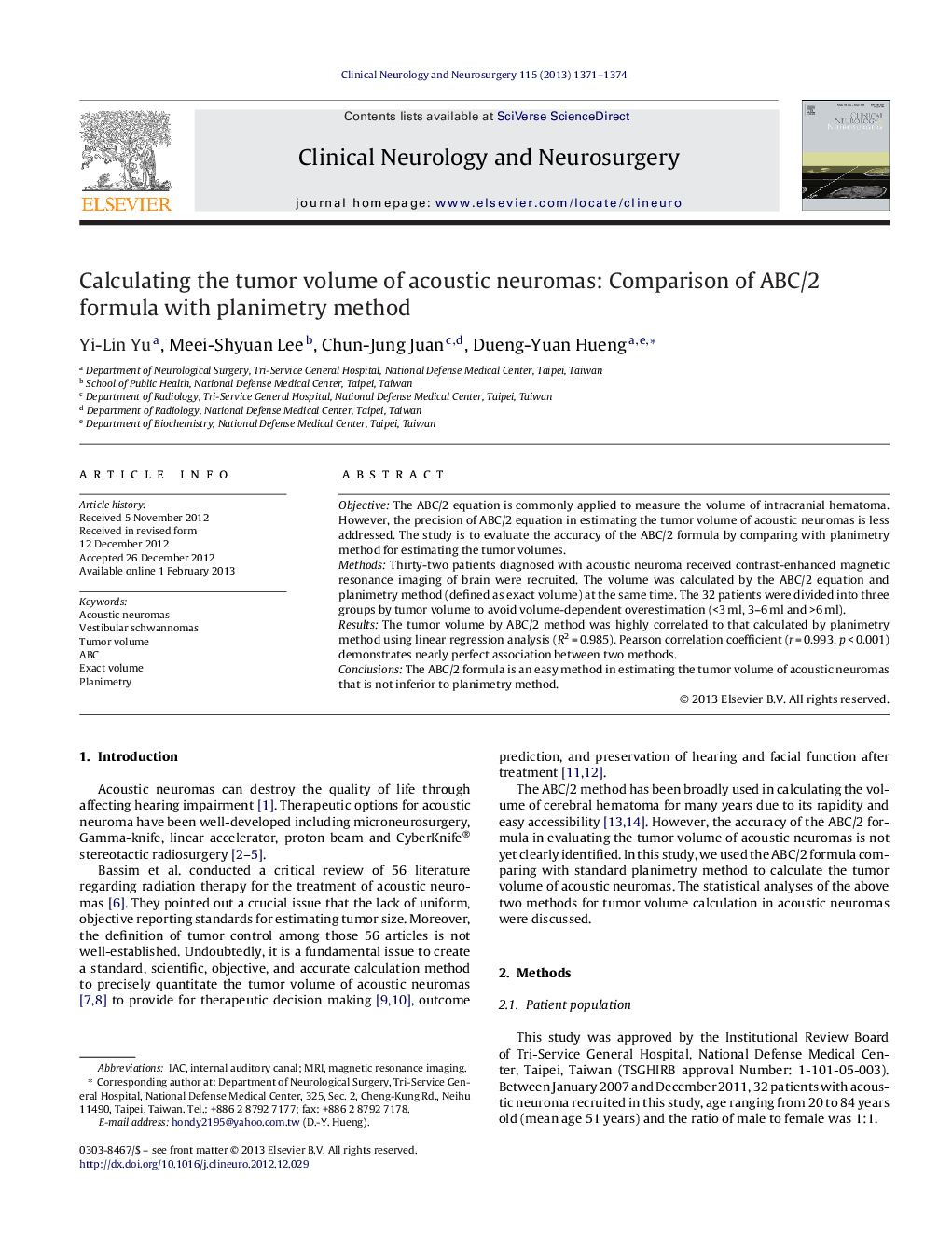 Calculating the tumor volume of acoustic neuromas: Comparison of ABC/2 formula with planimetry method