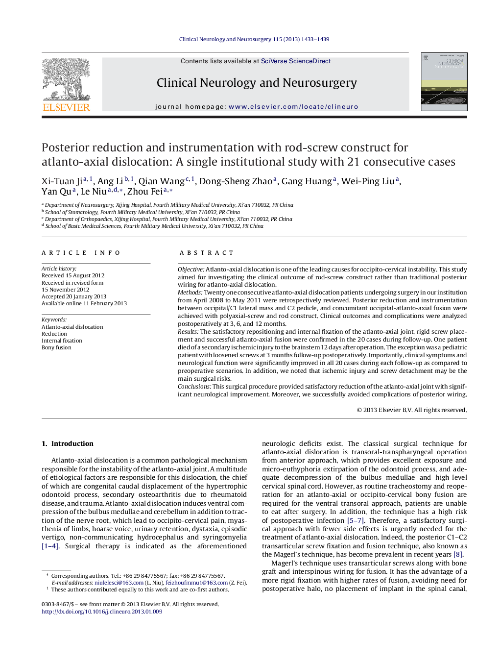 Posterior reduction and instrumentation with rod-screw construct for atlanto-axial dislocation: A single institutional study with 21 consecutive cases