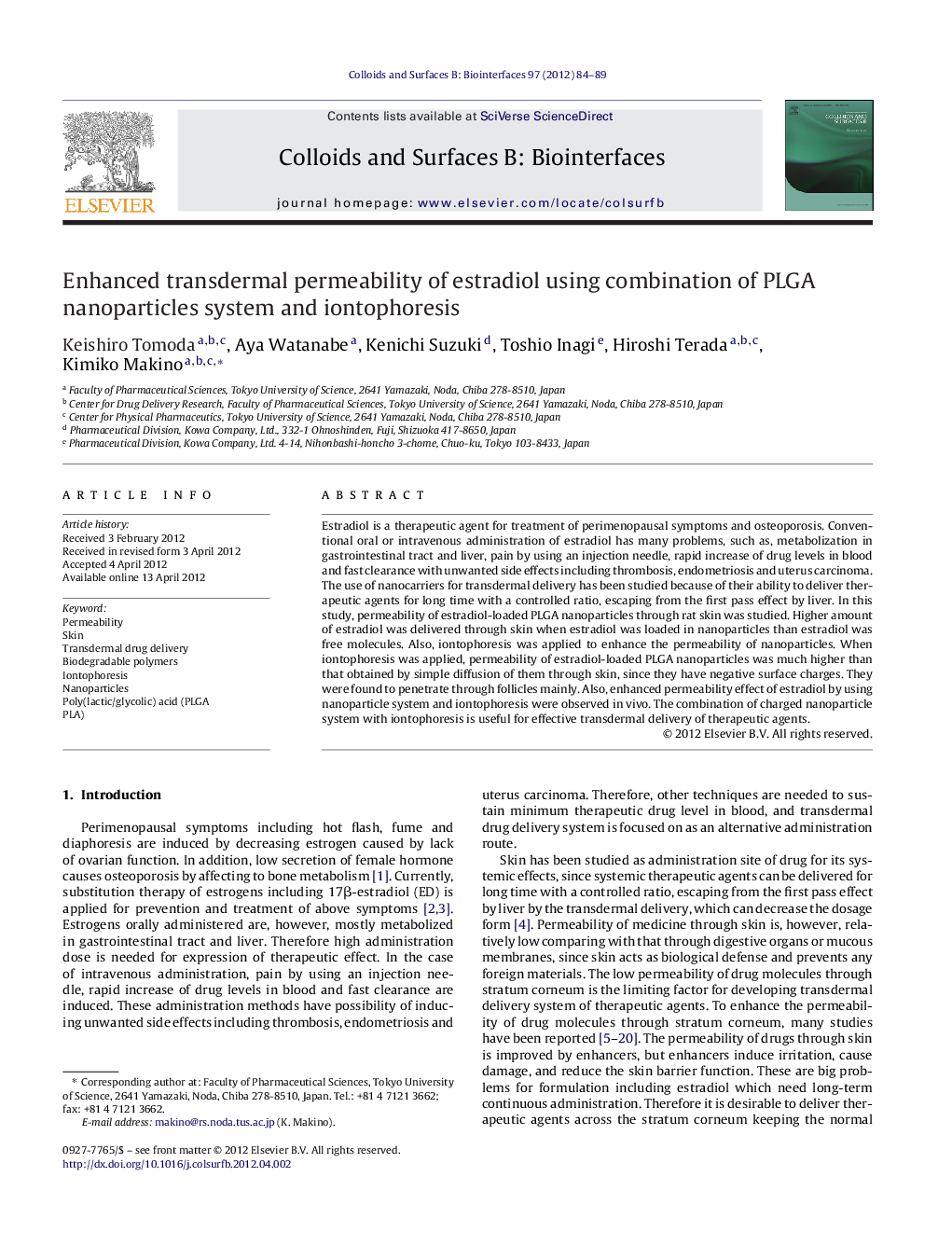 Enhanced transdermal permeability of estradiol using combination of PLGA nanoparticles system and iontophoresis