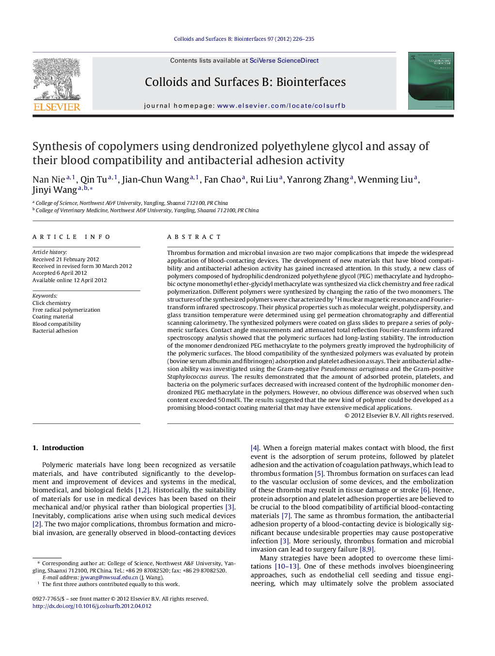 Synthesis of copolymers using dendronized polyethylene glycol and assay of their blood compatibility and antibacterial adhesion activity