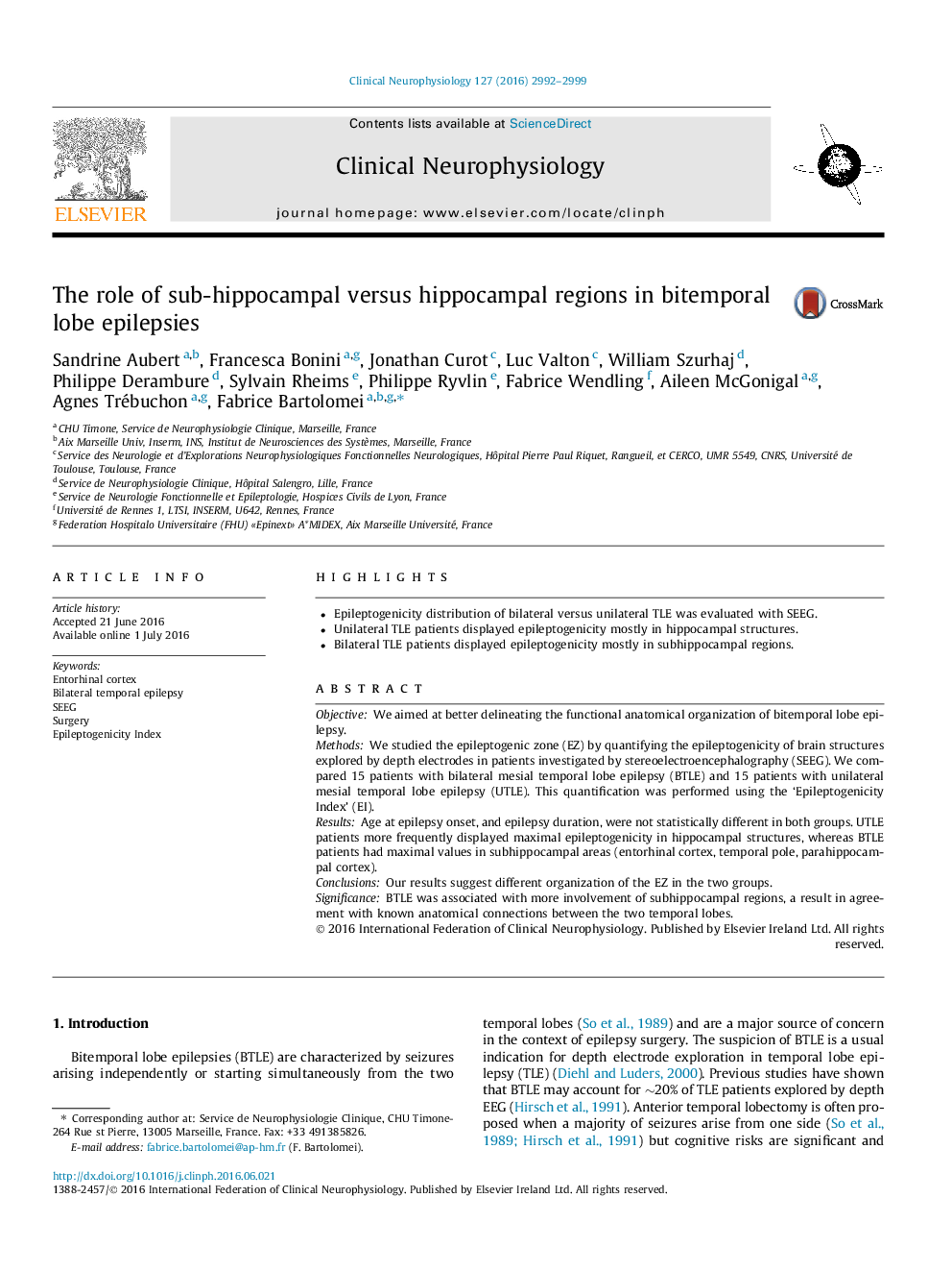 The role of sub-hippocampal versus hippocampal regions in bitemporal lobe epilepsies