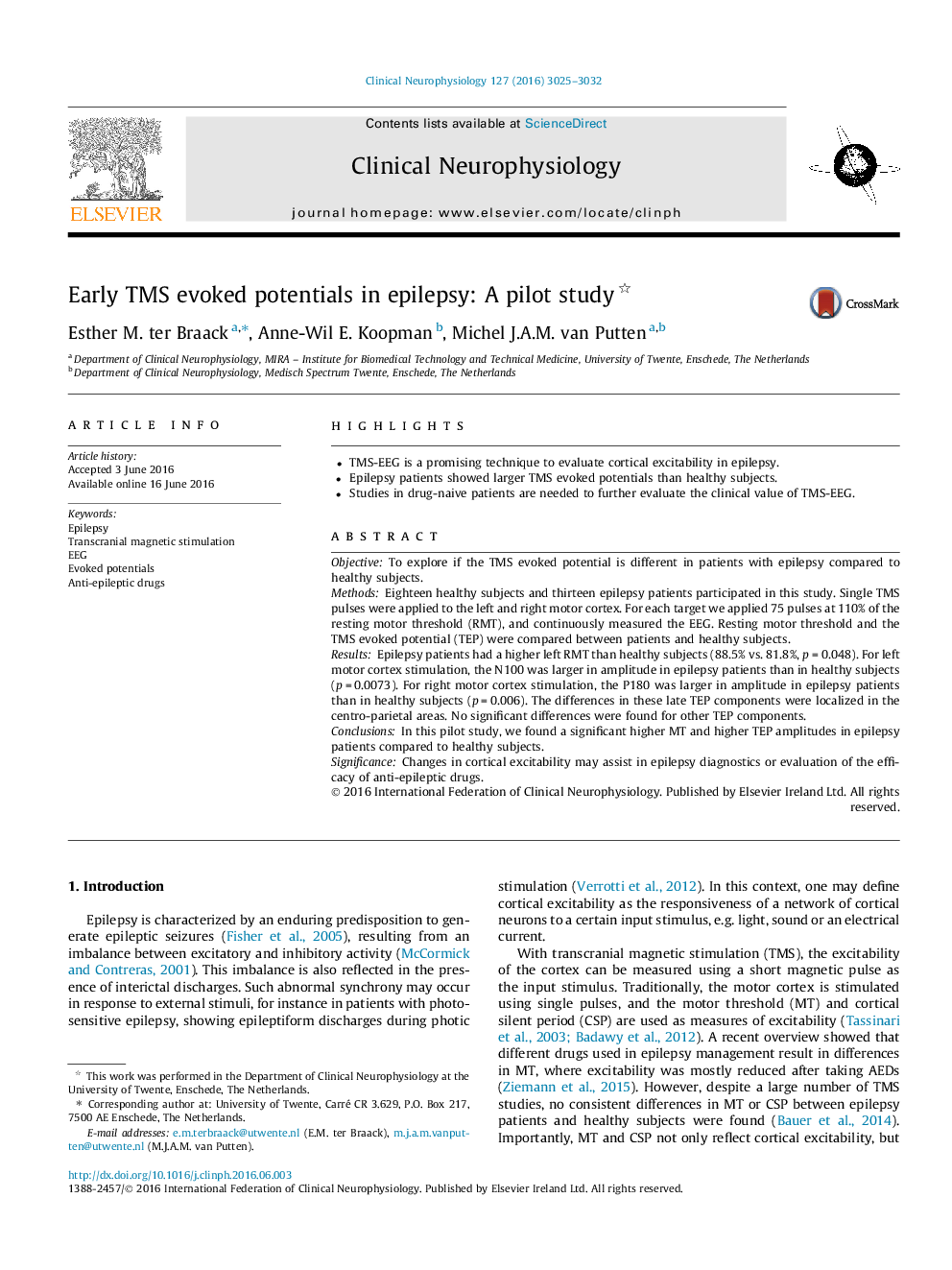 Early TMS evoked potentials in epilepsy: A pilot study