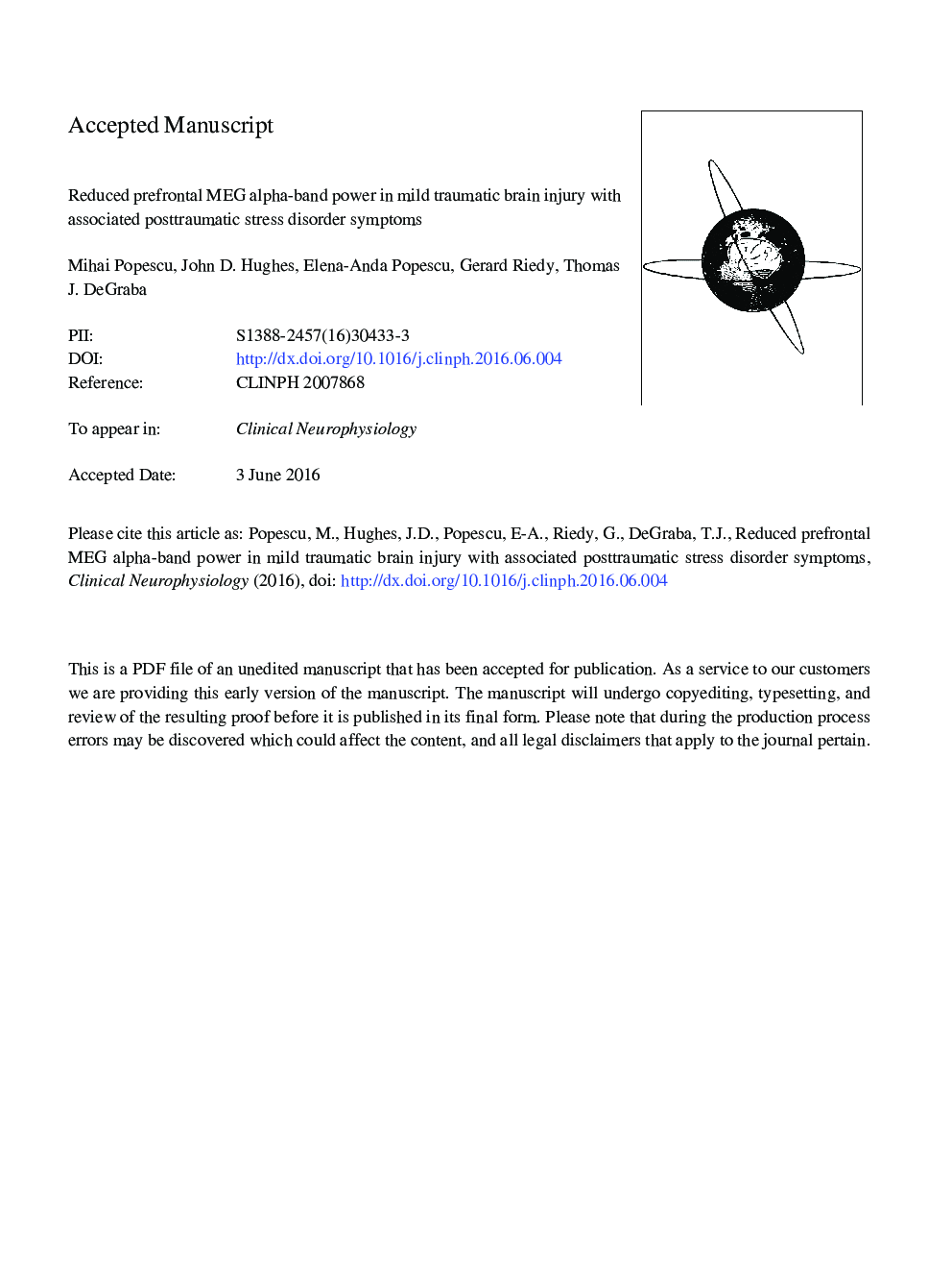 Reduced prefrontal MEG alpha-band power in mild traumatic brain injury with associated posttraumatic stress disorder symptoms