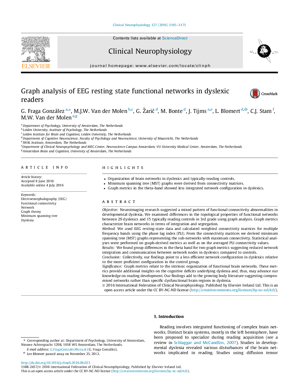 Graph analysis of EEG resting state functional networks in dyslexic readers