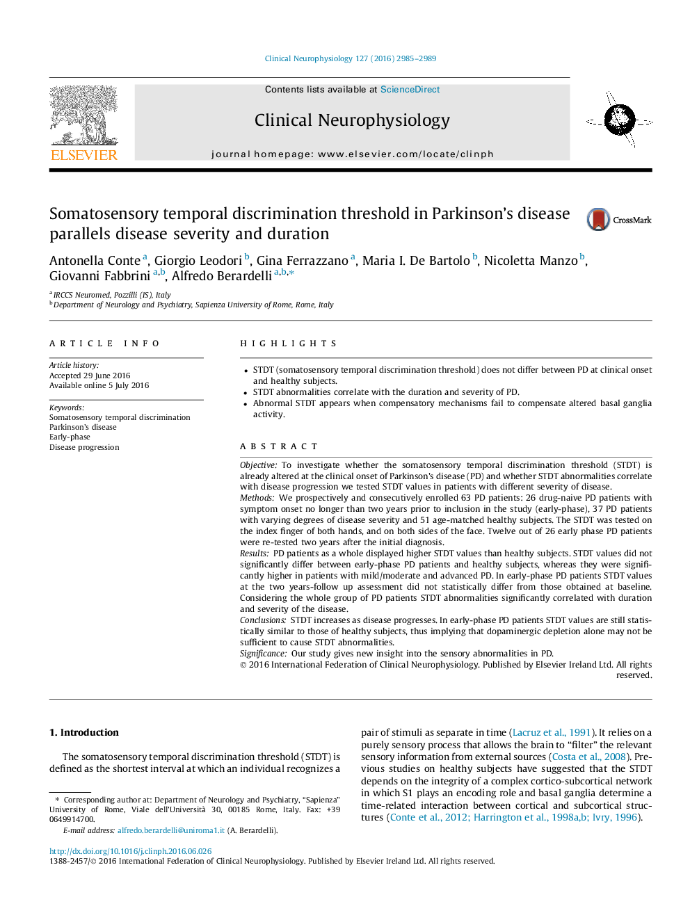 Somatosensory temporal discrimination threshold in Parkinson's disease parallels disease severity and duration