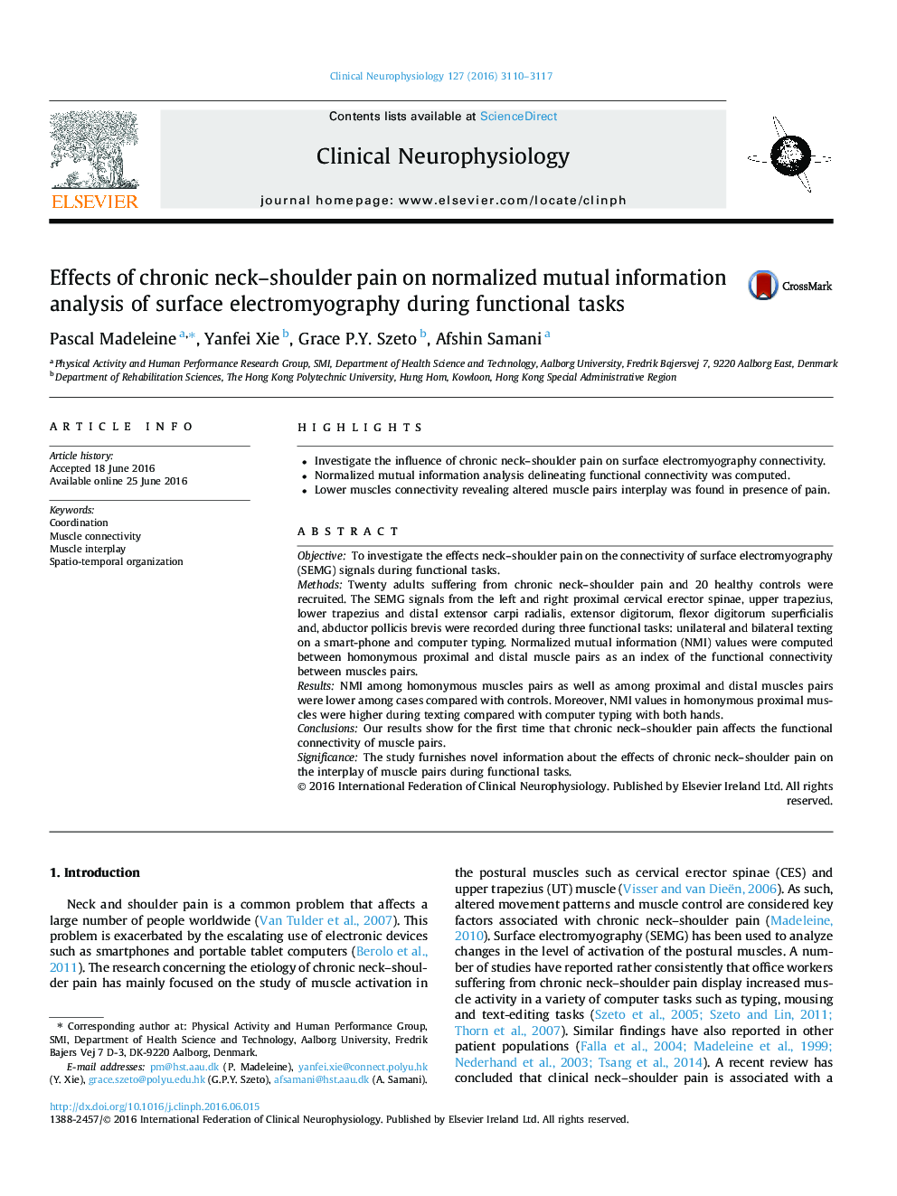 Effects of chronic neck-shoulder pain on normalized mutual information analysis of surface electromyography during functional tasks