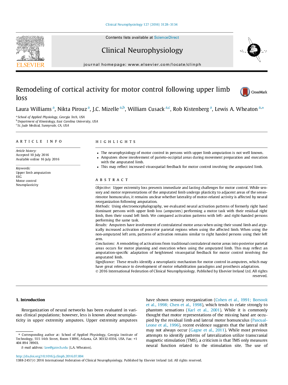 Remodeling of cortical activity for motor control following upper limb loss