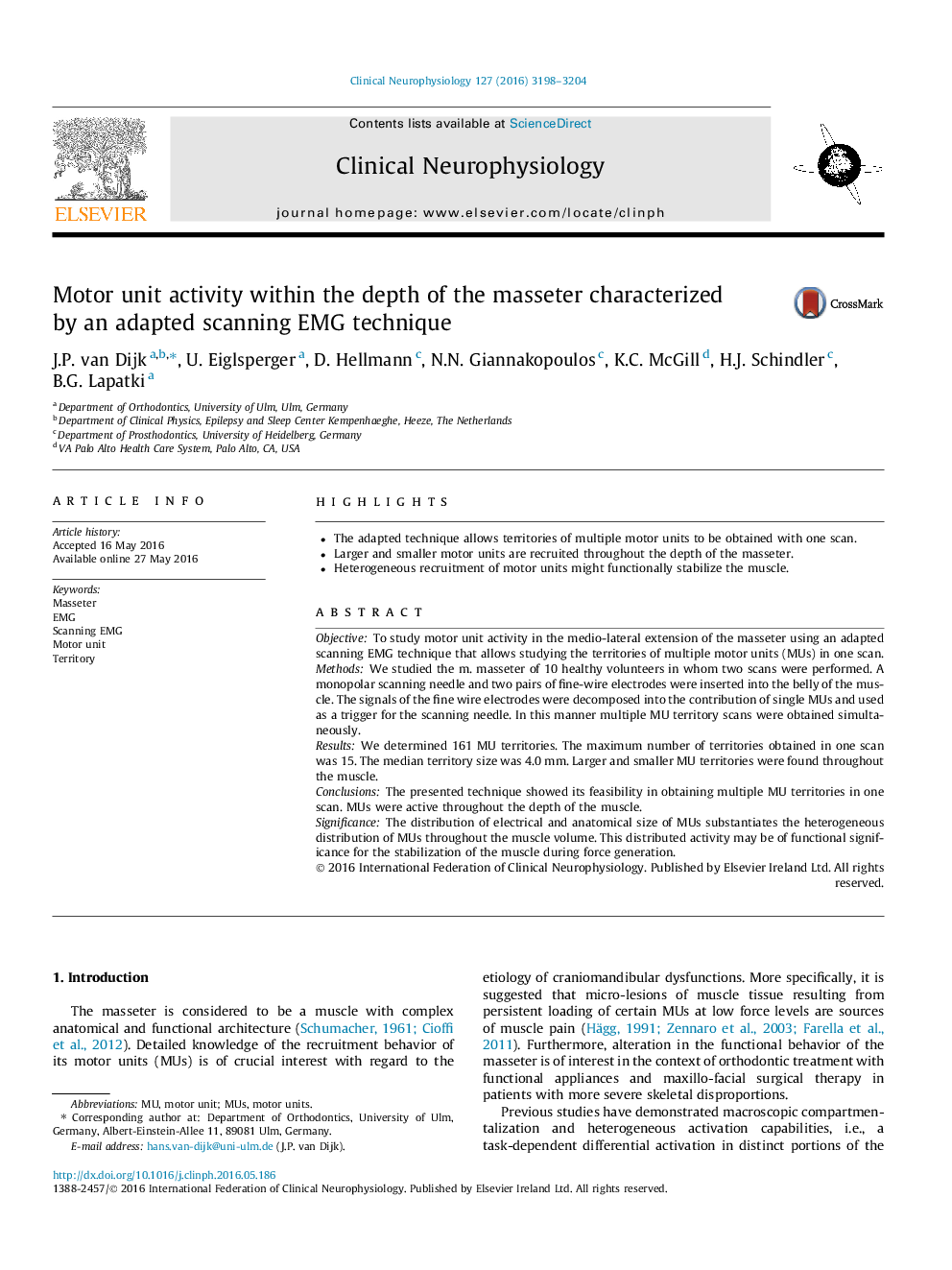 Motor unit activity within the depth of the masseter characterized by an adapted scanning EMG technique