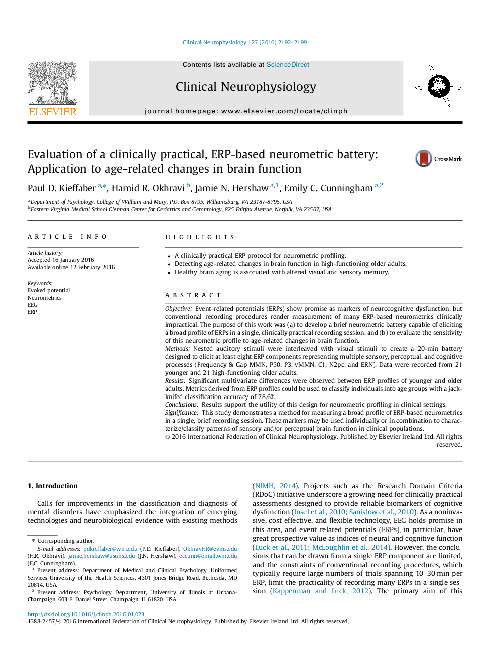 Evaluation of a clinically practical, ERP-based neurometric battery: Application to age-related changes in brain function